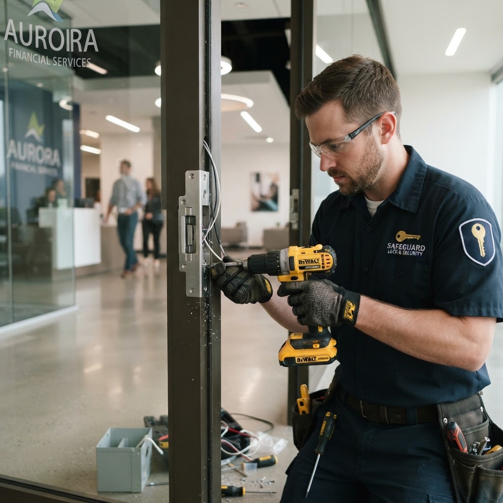 A professional locksmith installing an electric strike on a commercial metal door frame