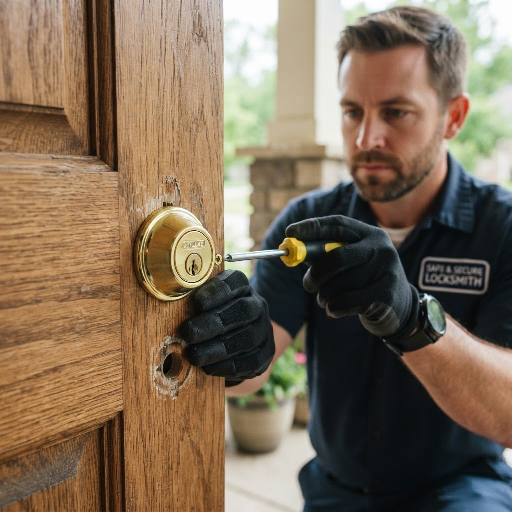 A professional locksmith installing a high-security deadbolt on a residential front door.