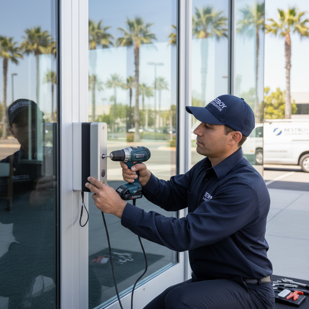 BestBoy Locksmith technician servicing commercial door lock in Rancho Cordova