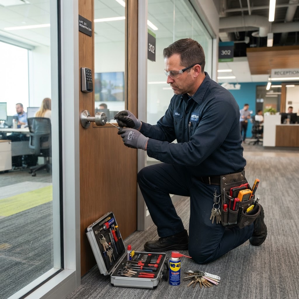 A locksmith professional organizing master keys in a commercial setting