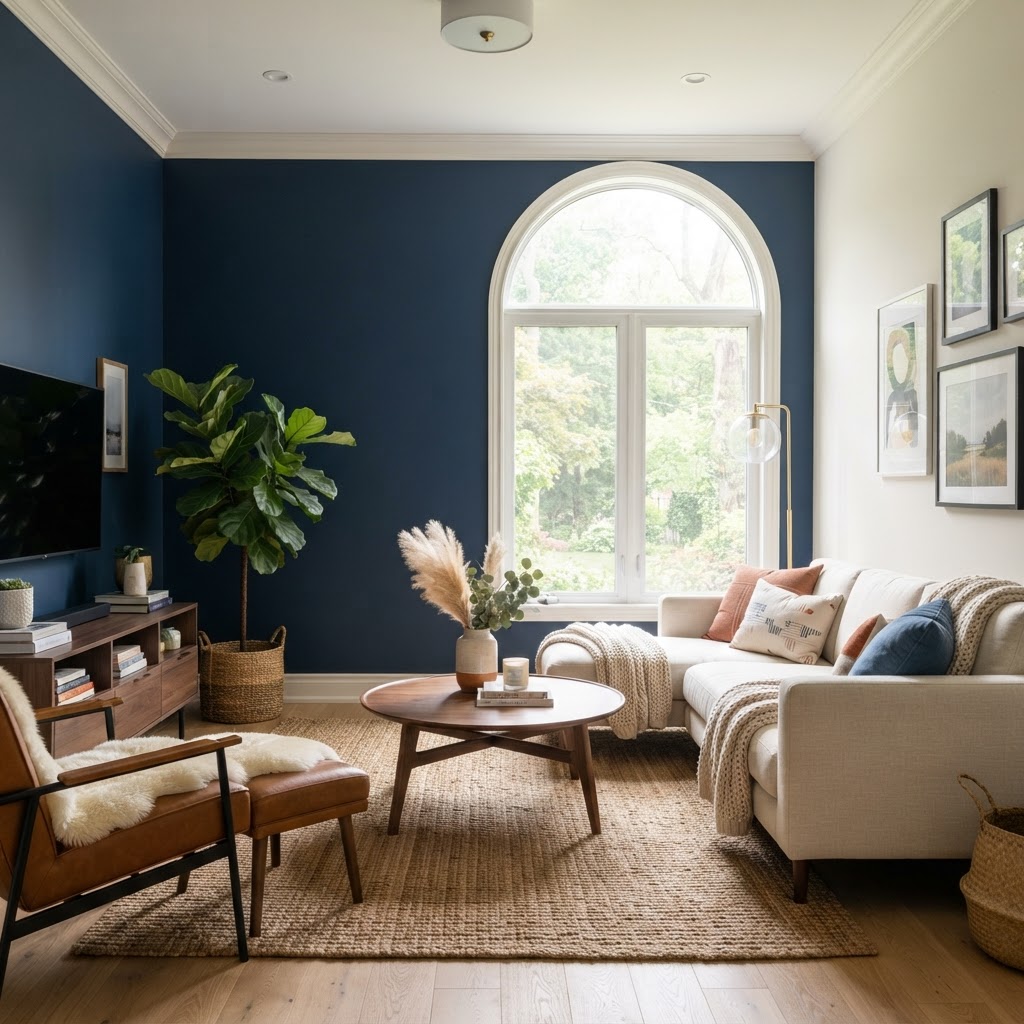 Woonkamer met blauwe accentmuur — Wetteren