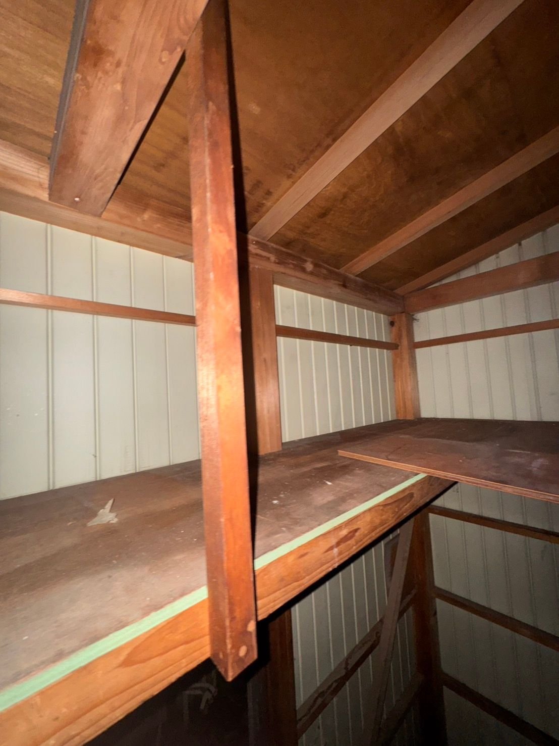物置の中の木の棚。上の段も下の段も空になっていて、奥に波板の壁と屋根の板が見える