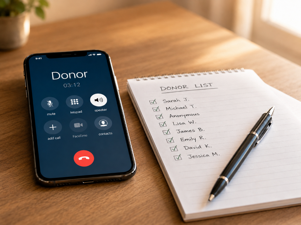 Phone on a donor call beside a notepad donor list with checkmarks