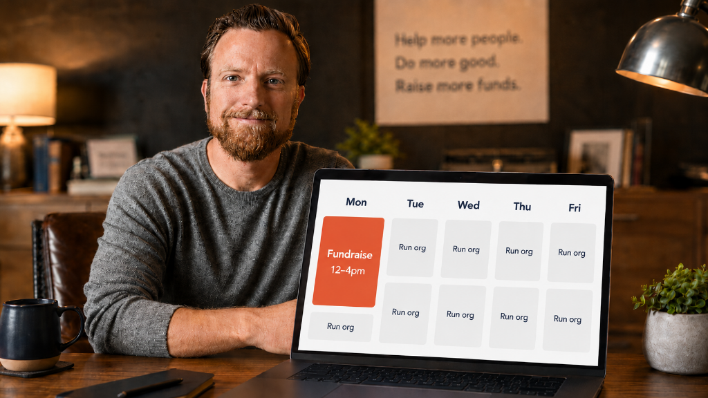 Reliable Fundraising — leader at a desk with a weekly calendar showing one Fundraise block and the rest Run org