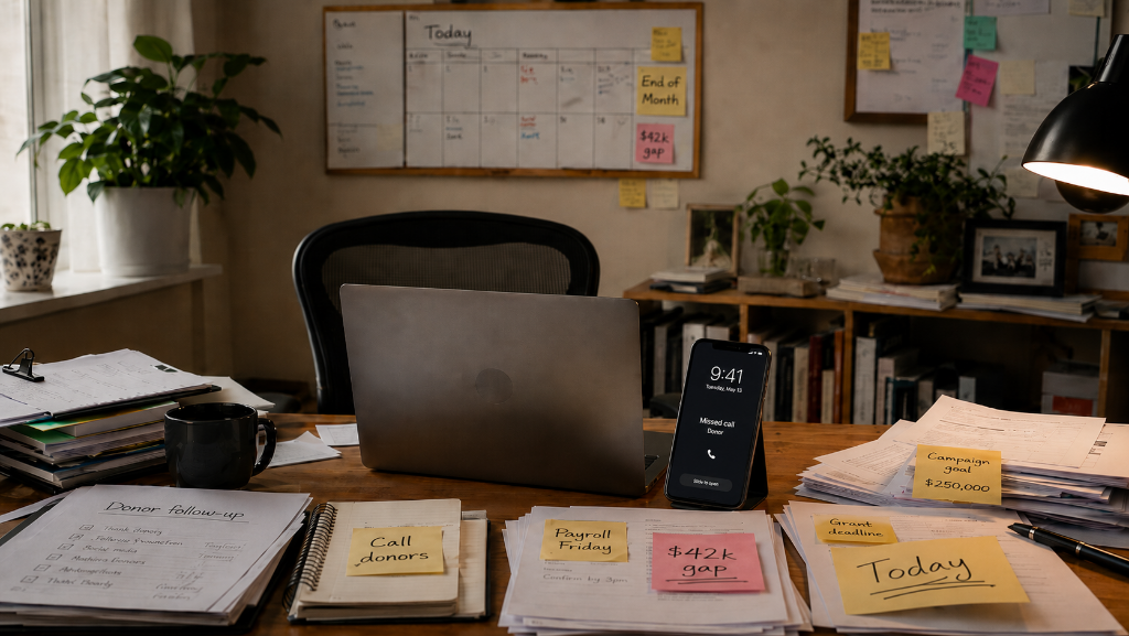 Cluttered desk showing the chaos of last-minute fundraising