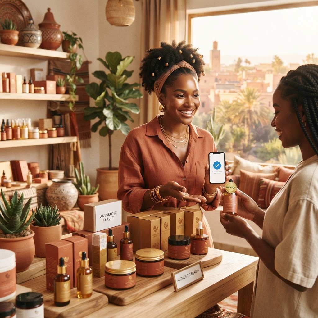 Une créatrice de cosmétiques naturels fière de son badge vendeur vérifié sur la marketplace AfrosGlow