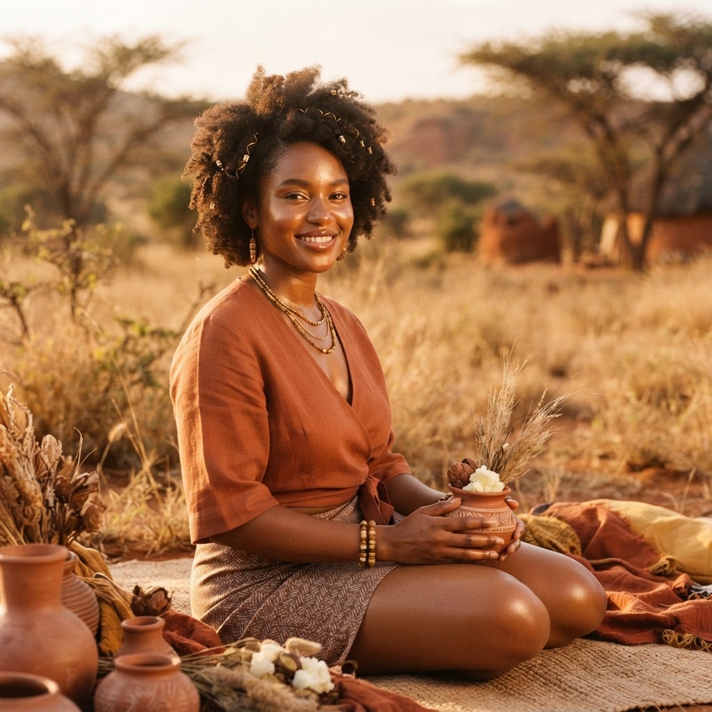 Femme africaine rayonnante avec une peau éclatante dans un environnement naturel ensoleillé