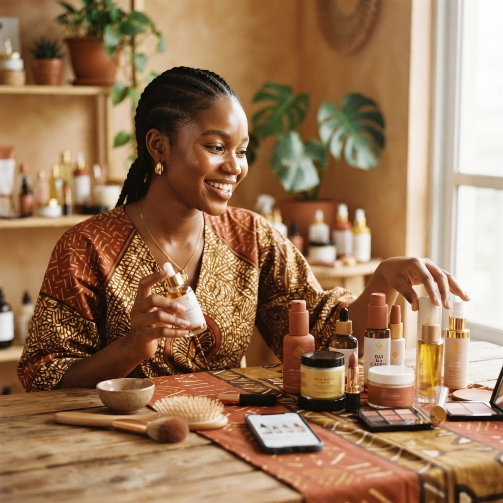 Une femme souriante choisissant des produits de beauté naturels sur un site internet spécialisé en cosmétique africaine.