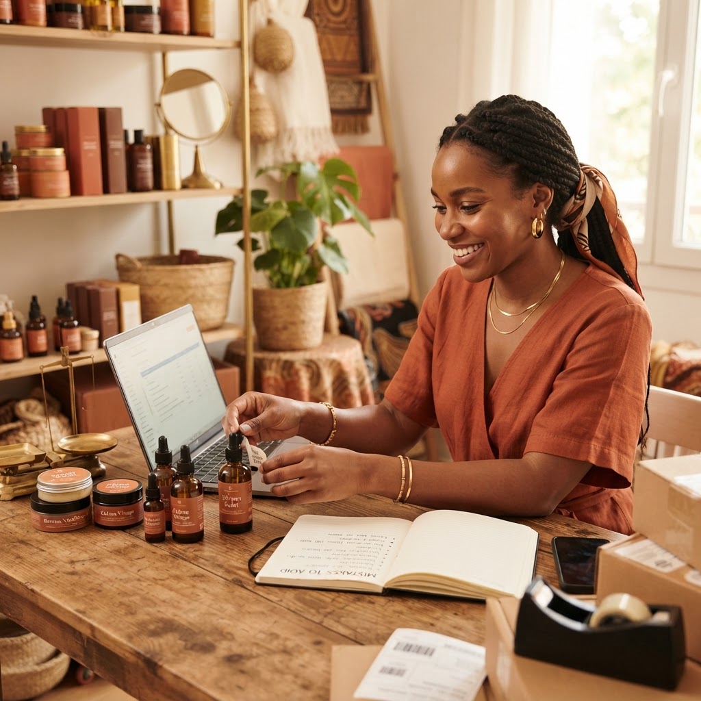 Une créatrice de cosmétiques naturels préparant avec soin ses produits de beauté pour la vente en ligne