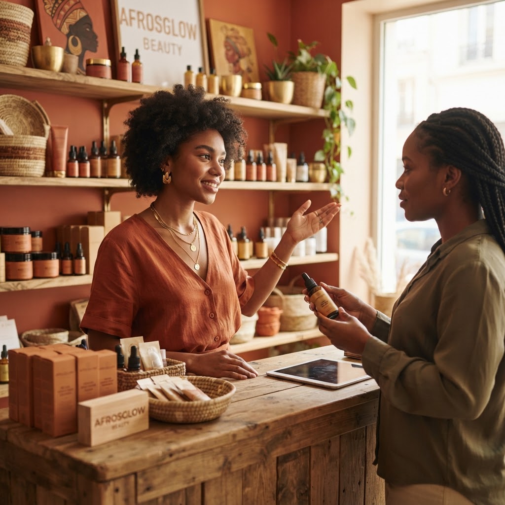 Une entrepreneure souriante préparant ses produits de soin naturels pour la vente en ligne.