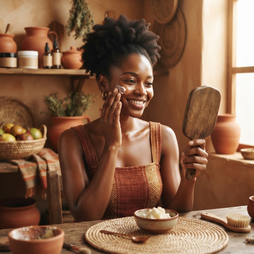 Une femme africaine souriante avec une peau éclatante et saine dans un environnement naturel et lumineux.