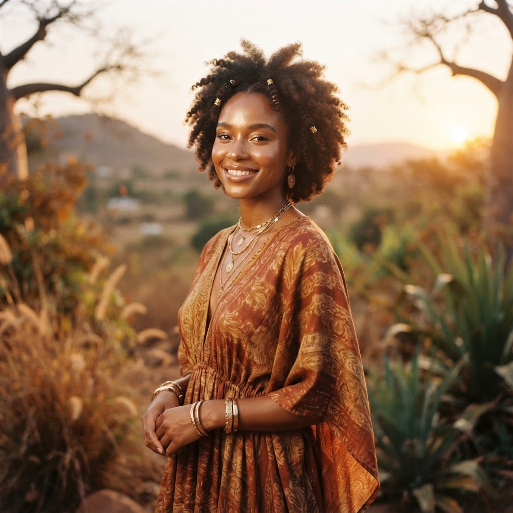 Une femme au teint éclatant et aux cheveux naturels souriant dans un environnement ensoleillé