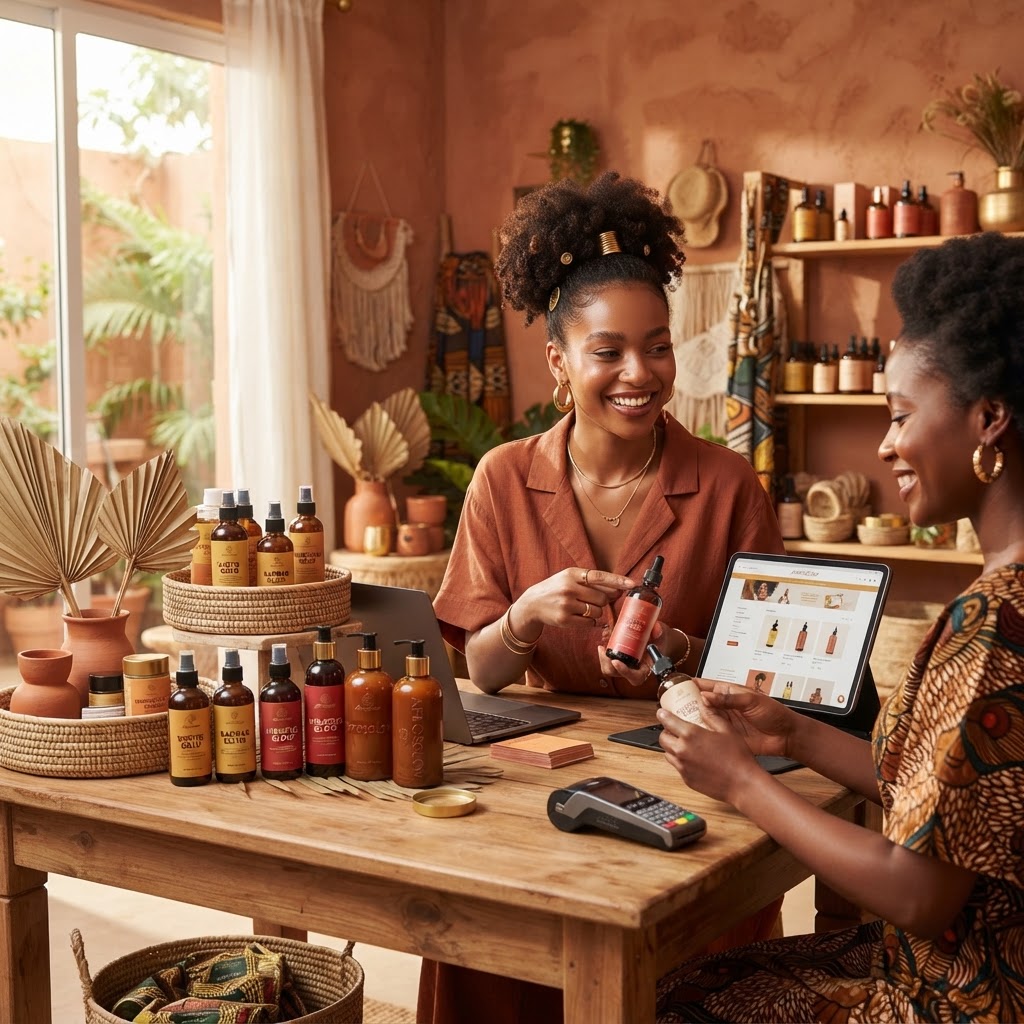 Une entrepreneuse souriante organisant des produits de beauté naturels sur une table élégante pour une boutique en ligne
