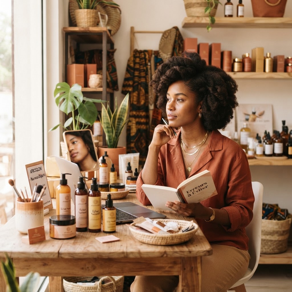 Une entrepreneure souriante préparant ses produits de beauté naturels pour une boutique en ligne.