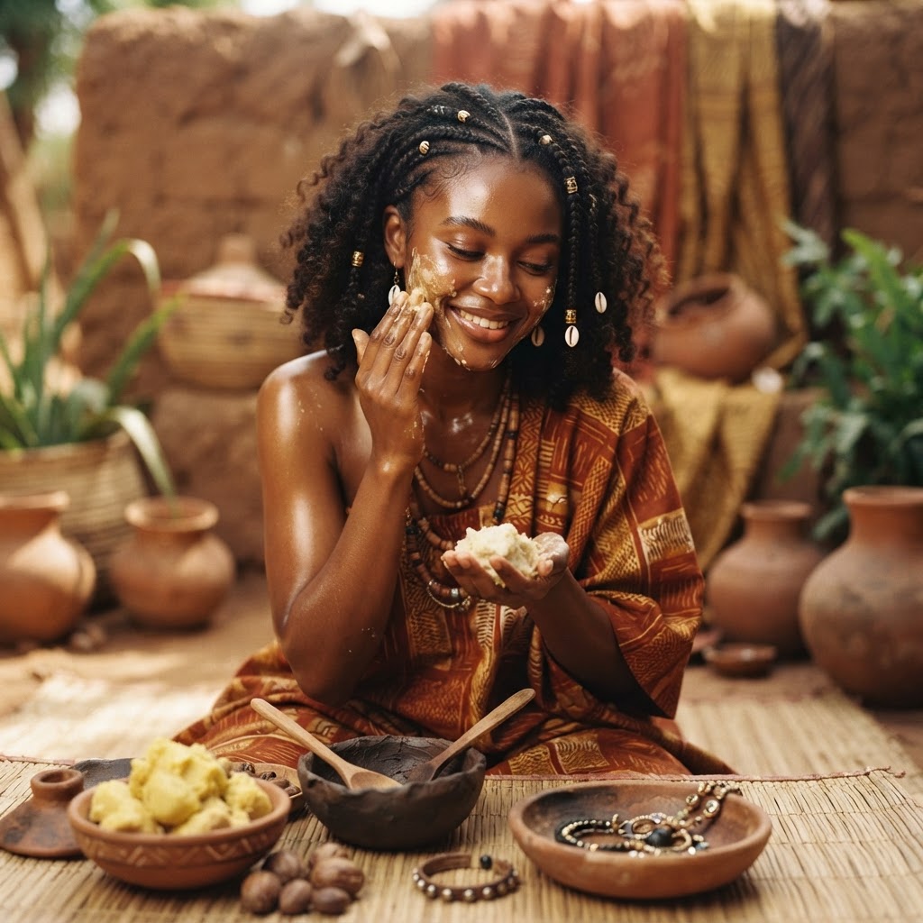 Bol de beurre de karité brut et naturel sur un fond artisanal africain évoquant l'authenticité.