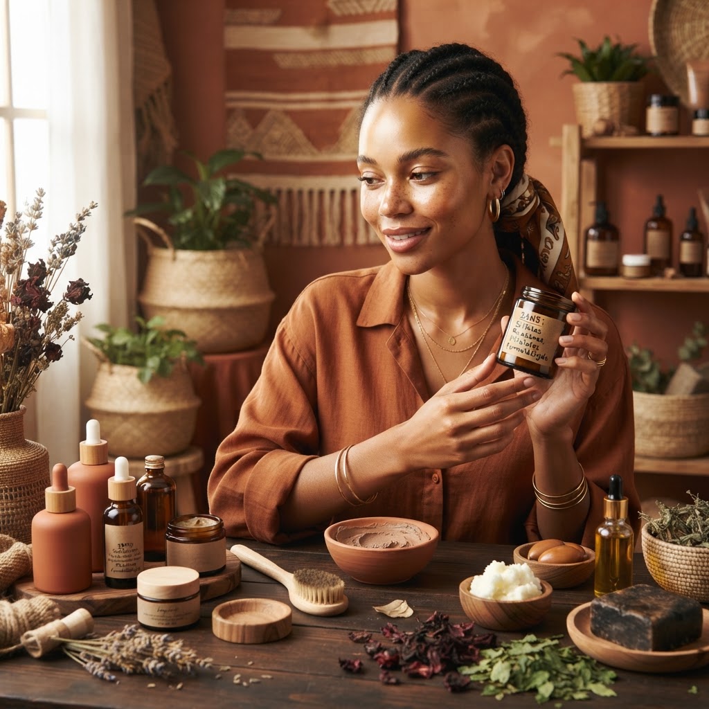 Une femme au teint éclatant appliquant un soin naturel à base de beurre de karité, mettant en avant une routine beauté saine.