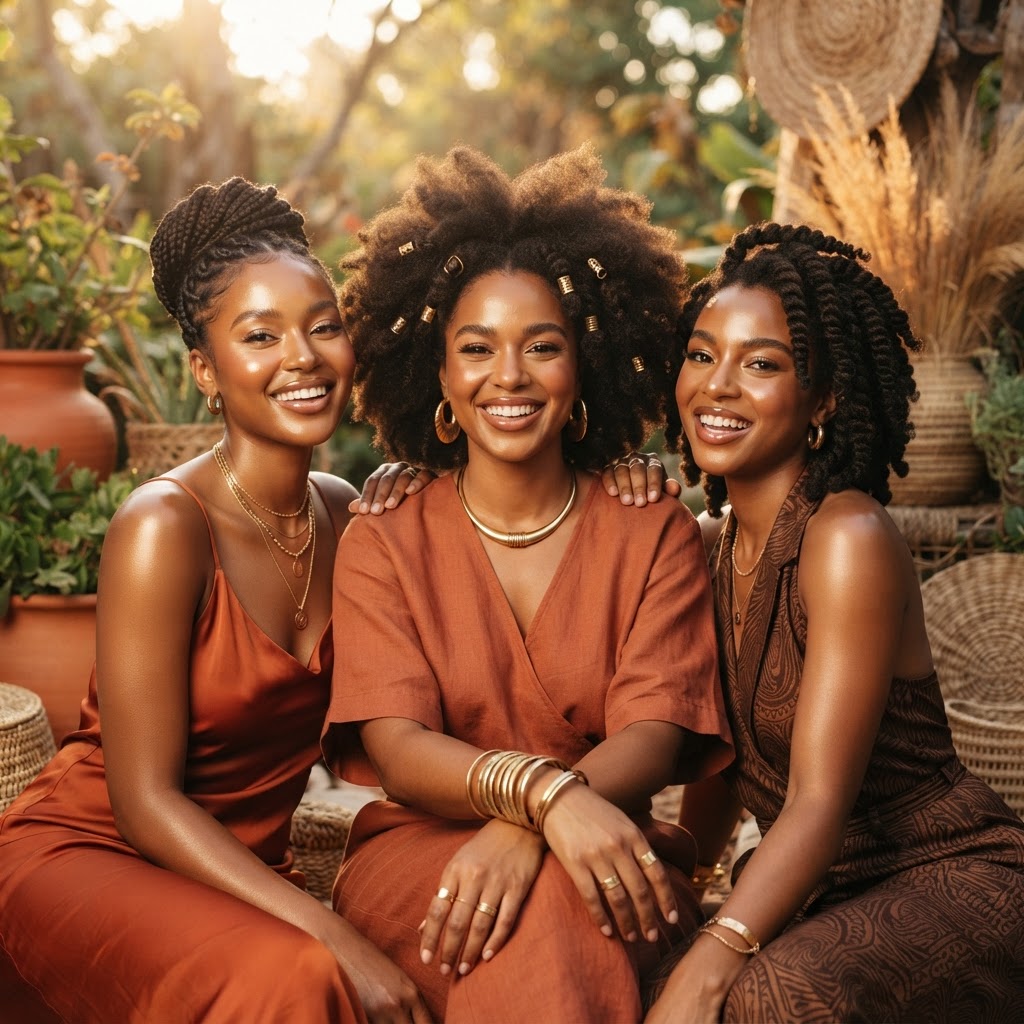 Femme noire souriante mettant en avant sa peau éclatante et ses cheveux naturels texturés
