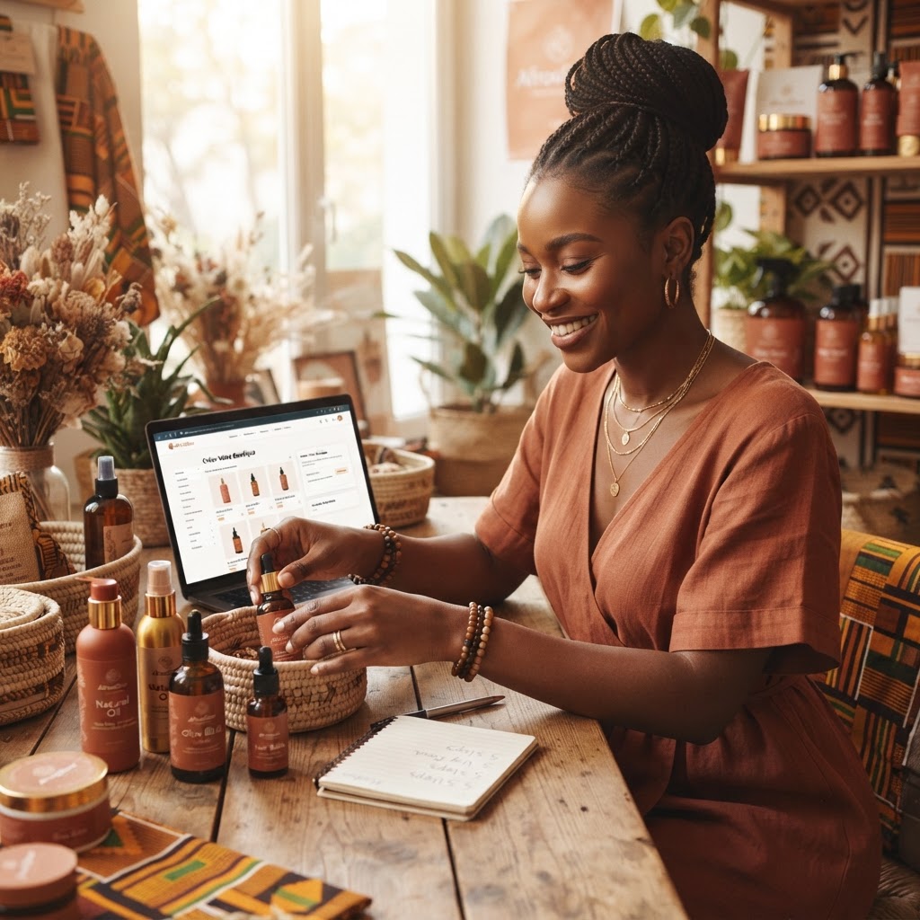 Une entrepreneuse souriante organisant des produits de beauté naturels africains dans sa boutique en ligne sur AfrosGlow.
