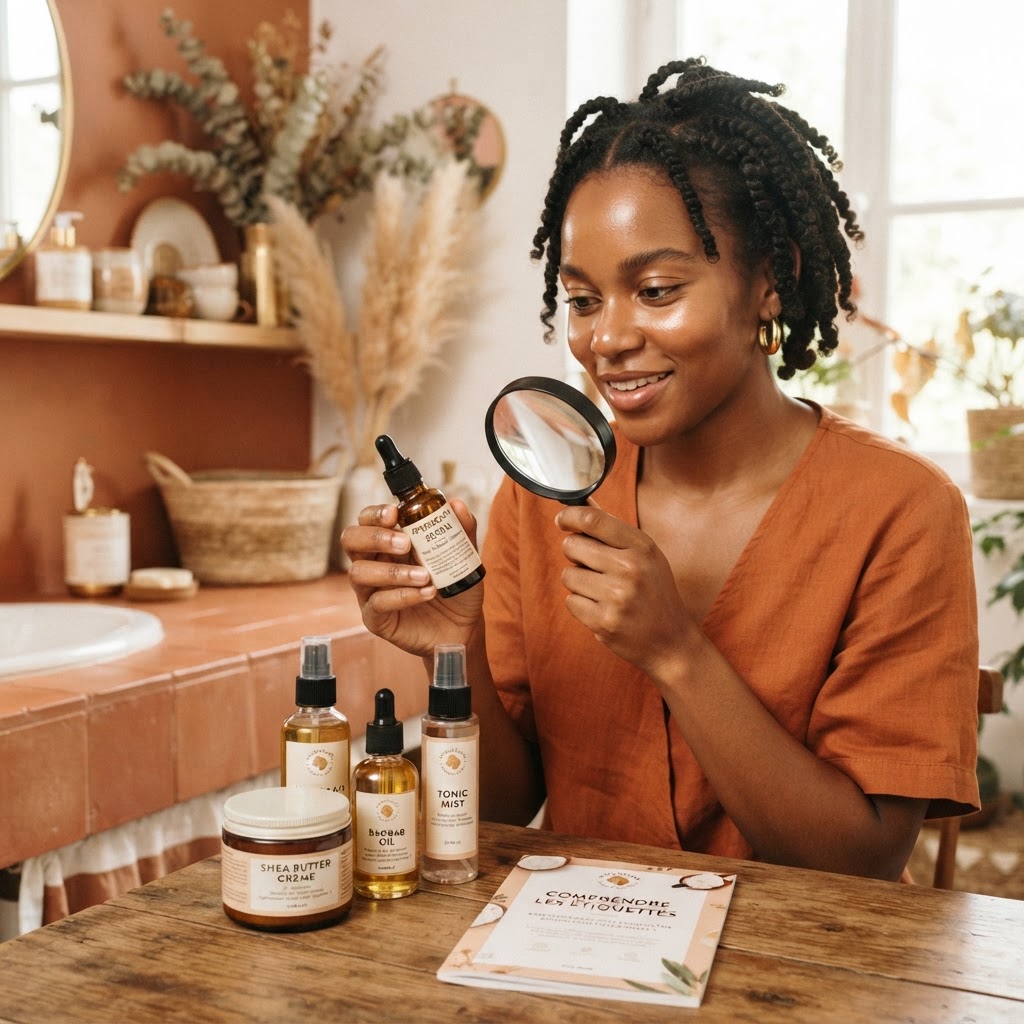 Une main tenant un flacon de soin naturel en lisant attentivement l'étiquette dans une ambiance chaleureuse