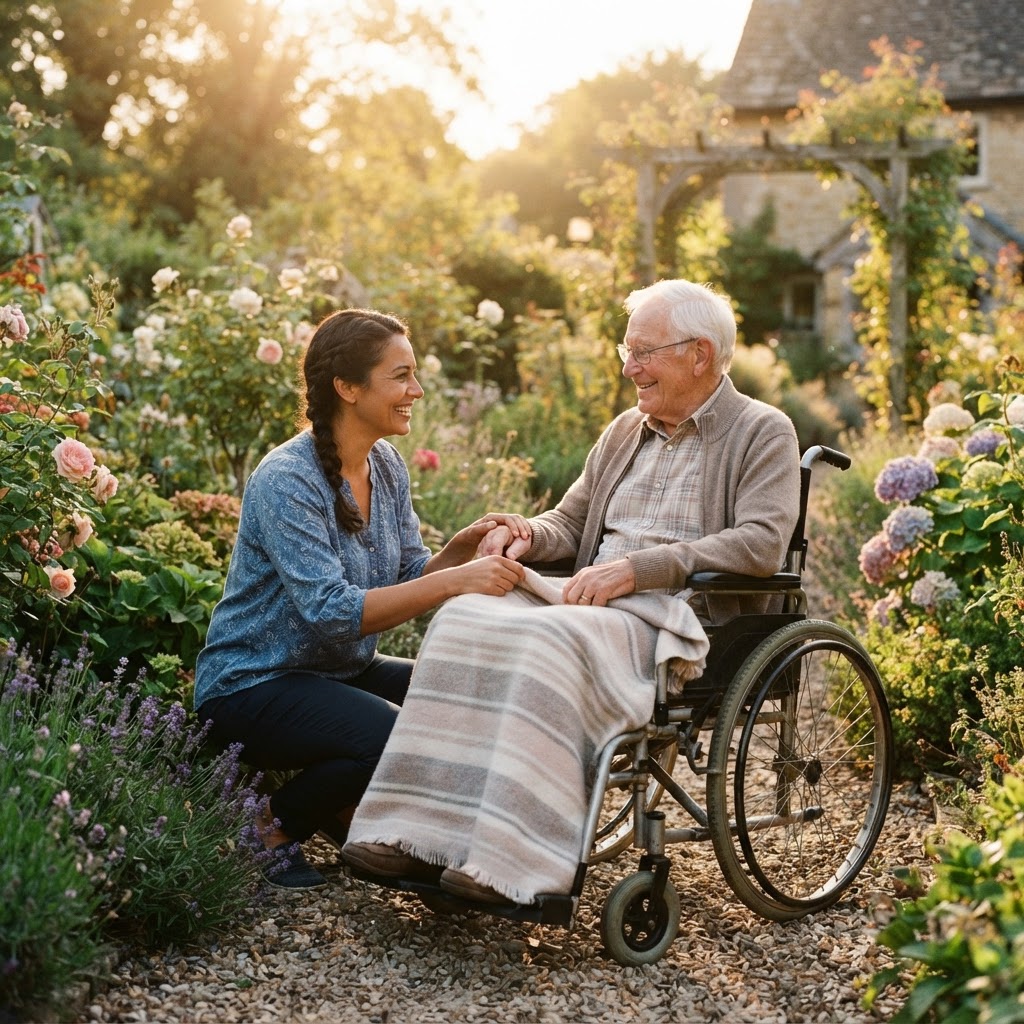 Caregiver tending to an elderly man in a sunny garden