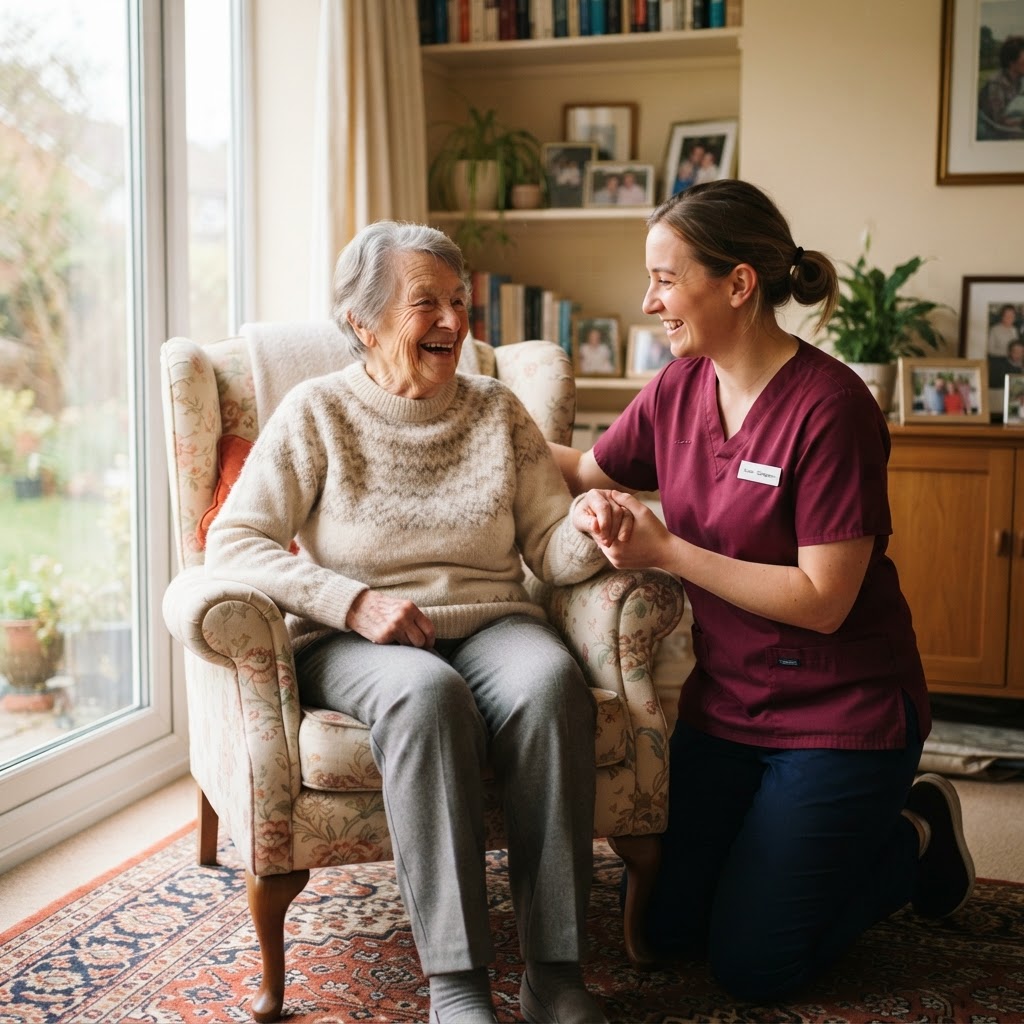 Caregiver assisting an elderly woman