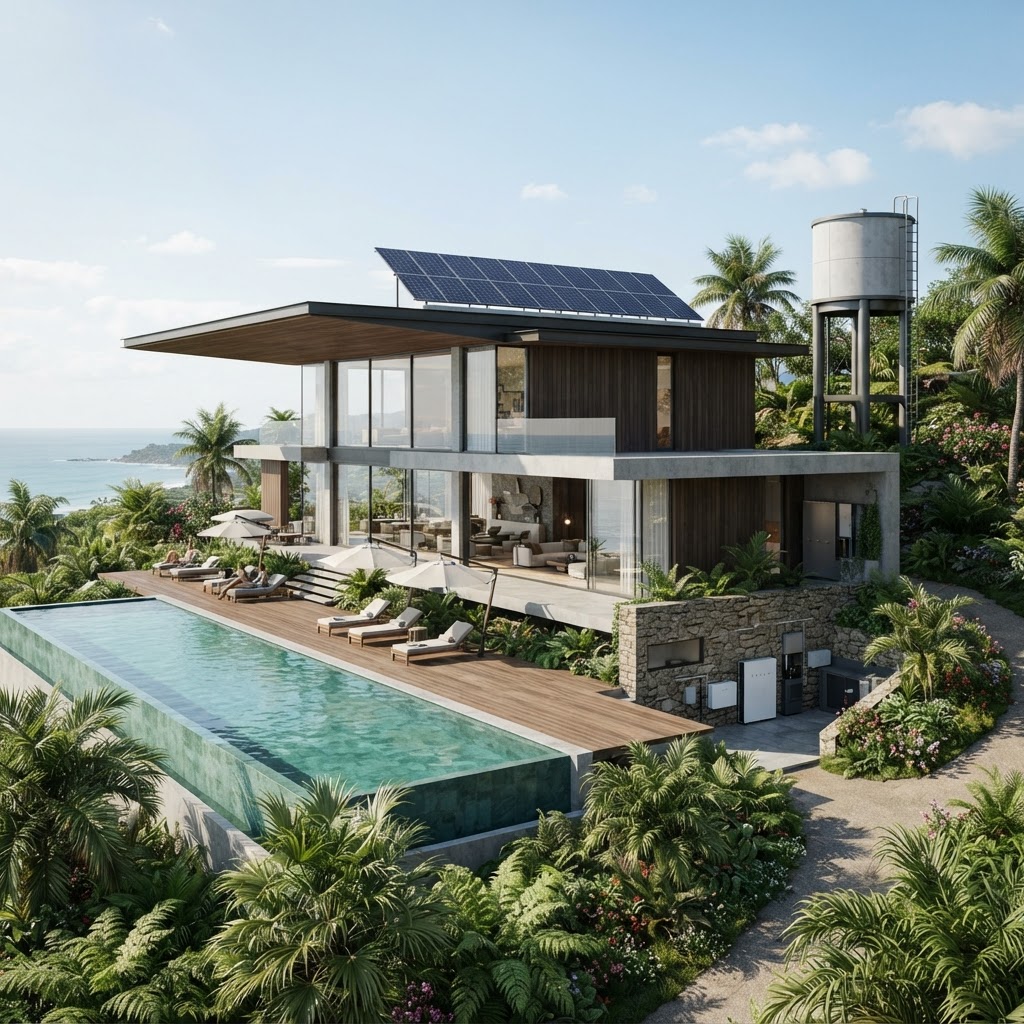 Customized villa with pool, overhang, water tower, solar, and battery