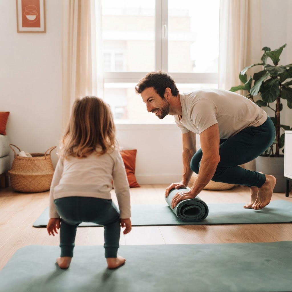 Un padre y su hija practican volteretas seguras