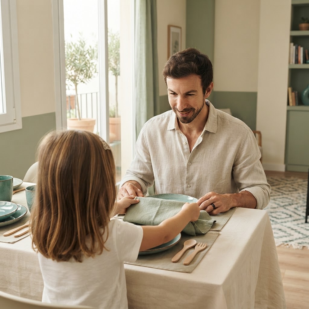 Un padre y su hija comparten una pequeña tarea doméstica