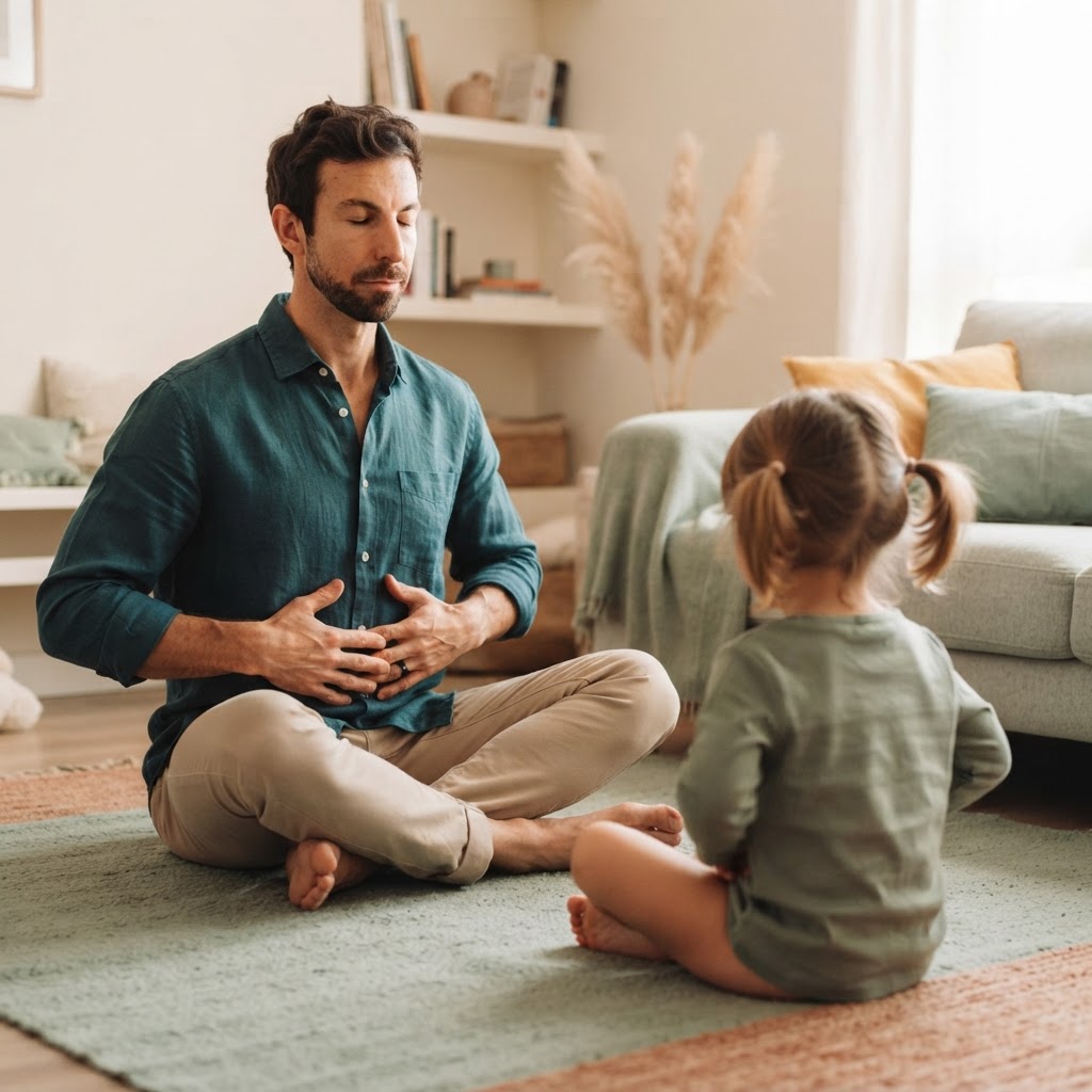 Un padre y su hija practican una respiración calmada