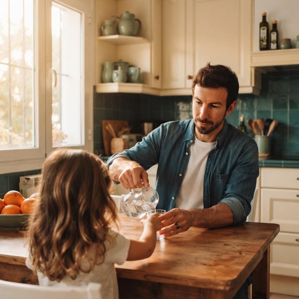 A father calmly guiding his daughter as she learns through a real household task