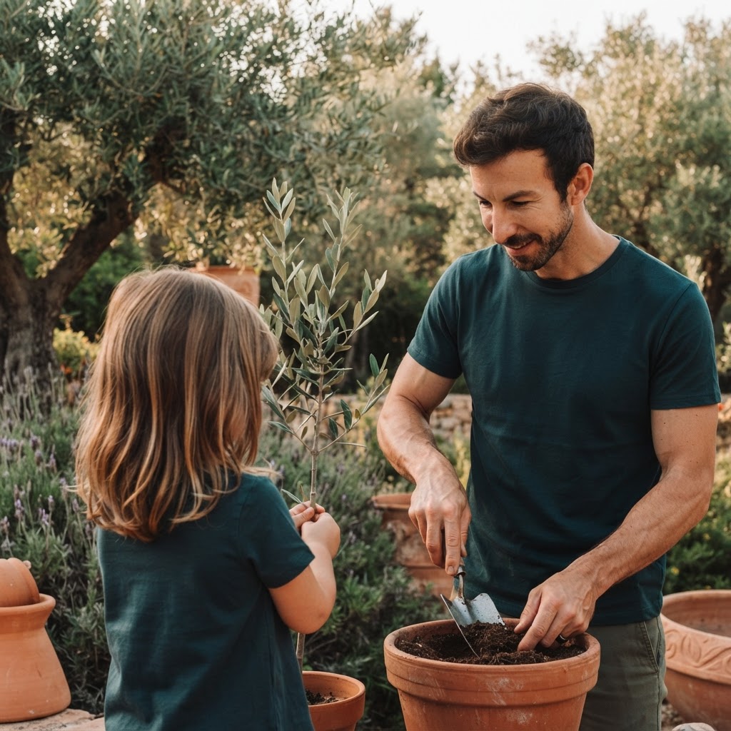 A father and daughter patiently caring for a young olive tree together