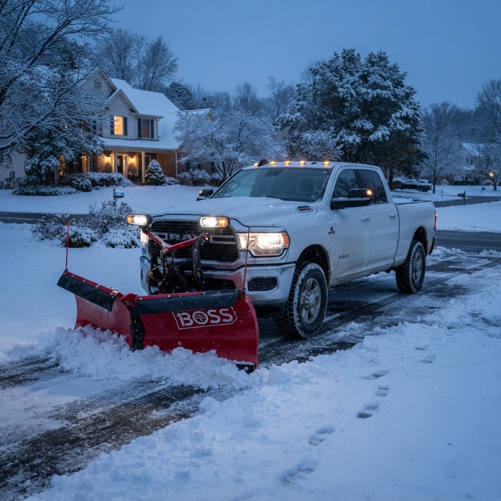White 2024 Ram 2500 with a red BOSS V-plow, headlights and amber warning lights clearing a snowy driveway
