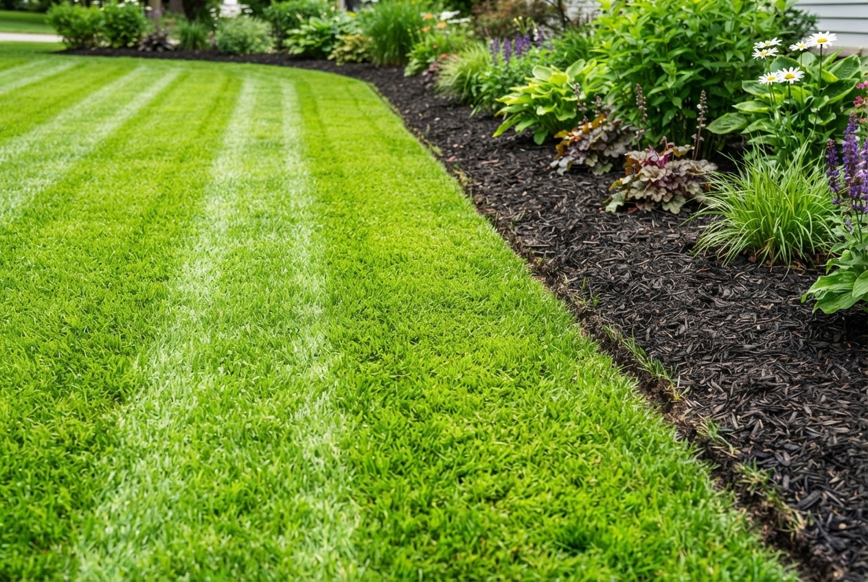 Freshly mowed striped lawn with edged mulch bed