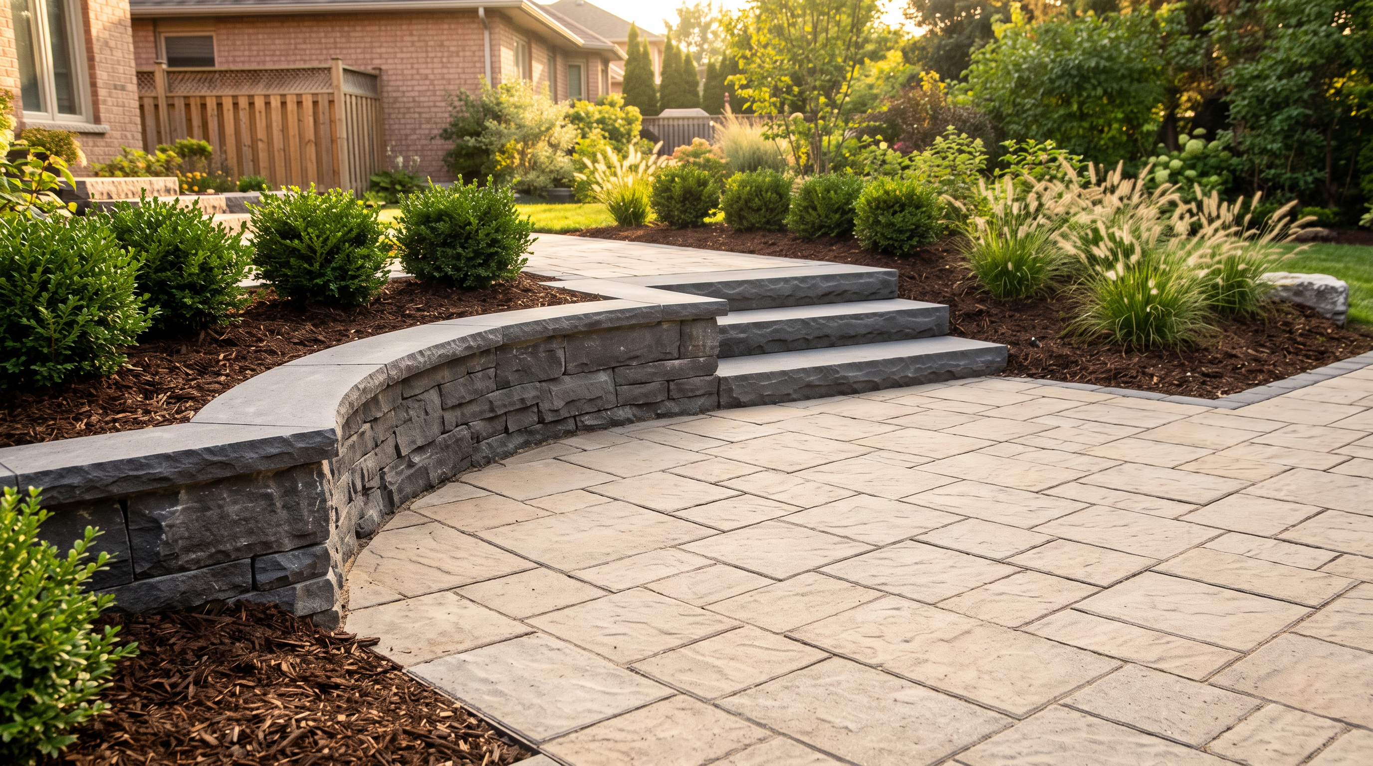 Finished paver patio with stone seat wall, steps, and mulched planting beds
