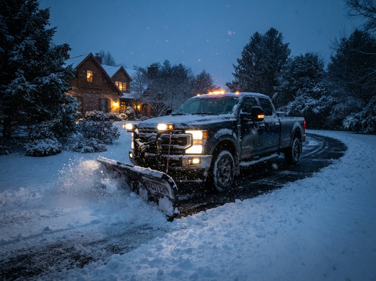 Plow truck with headlights on in snow