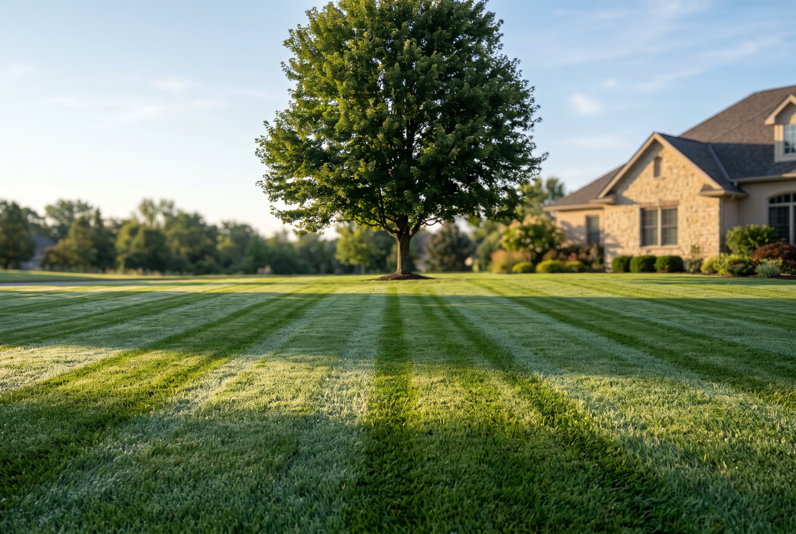 Freshly striped lawn leading to a mature shade tree