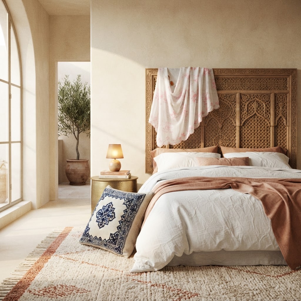 Chambre avec voiles et tête de lit sculptée