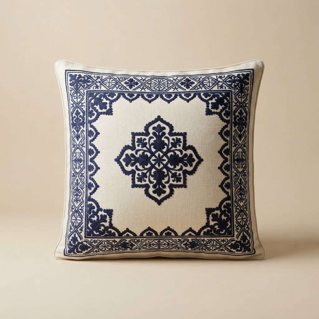 Grand coussin de sol brodé bleu nuit