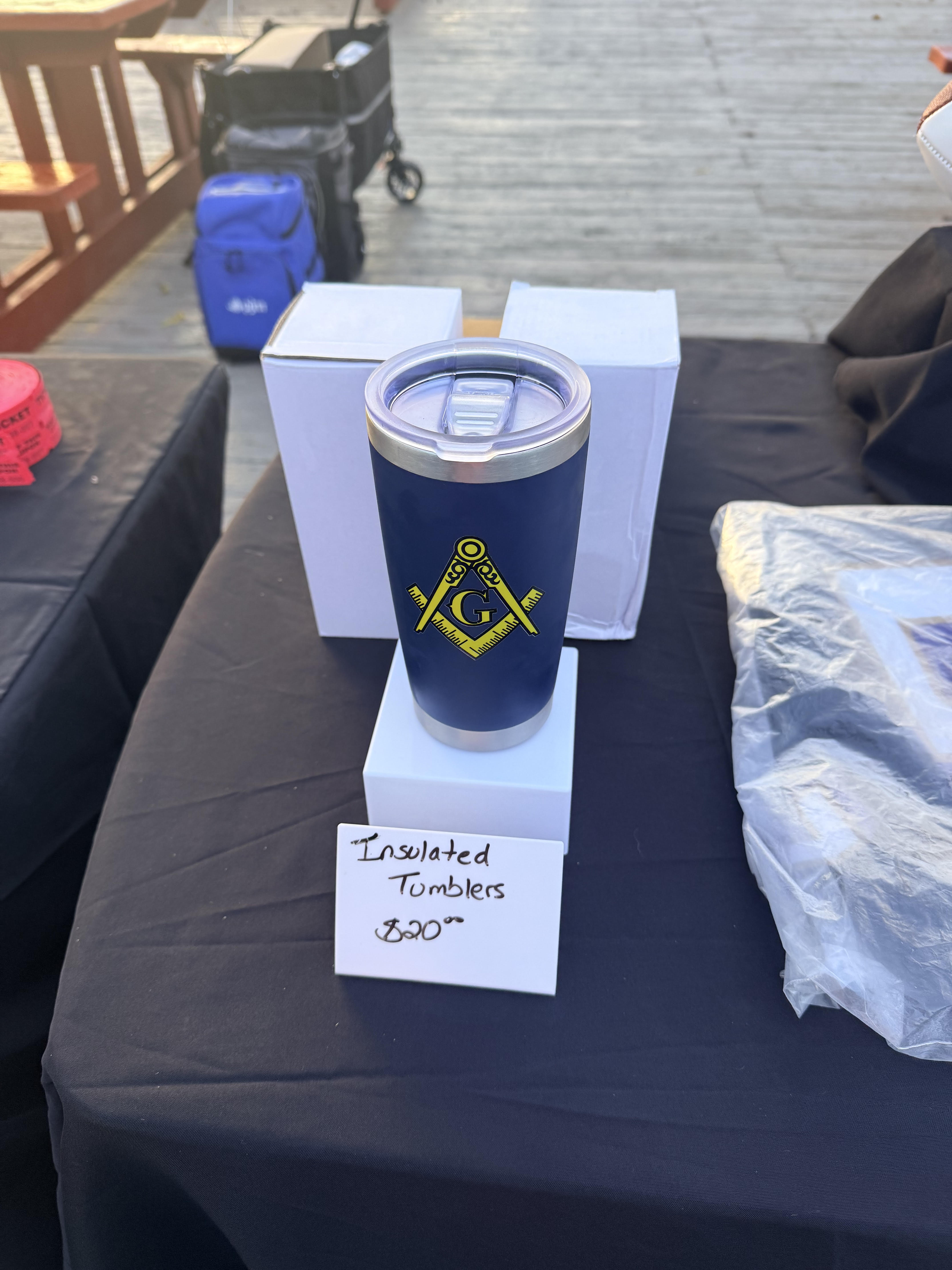 Navy Masonic insulated tumbler with a gold square and compasses emblem