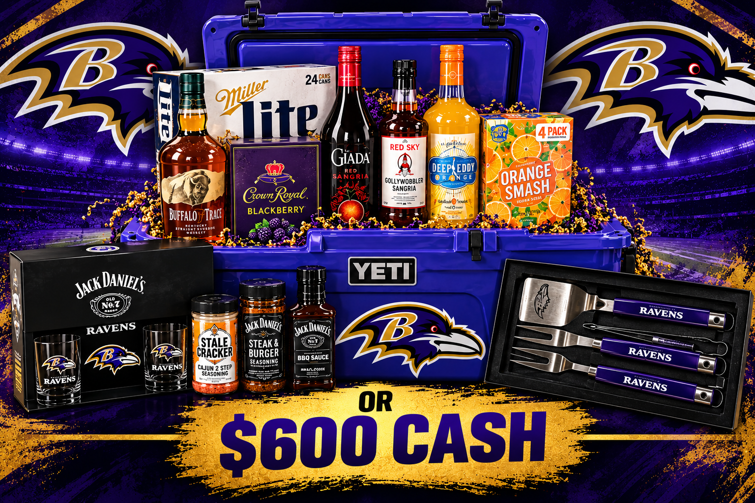 Baltimore Ravens purple YETI Tundra 45 with the complete raffle prize package or $600 cash