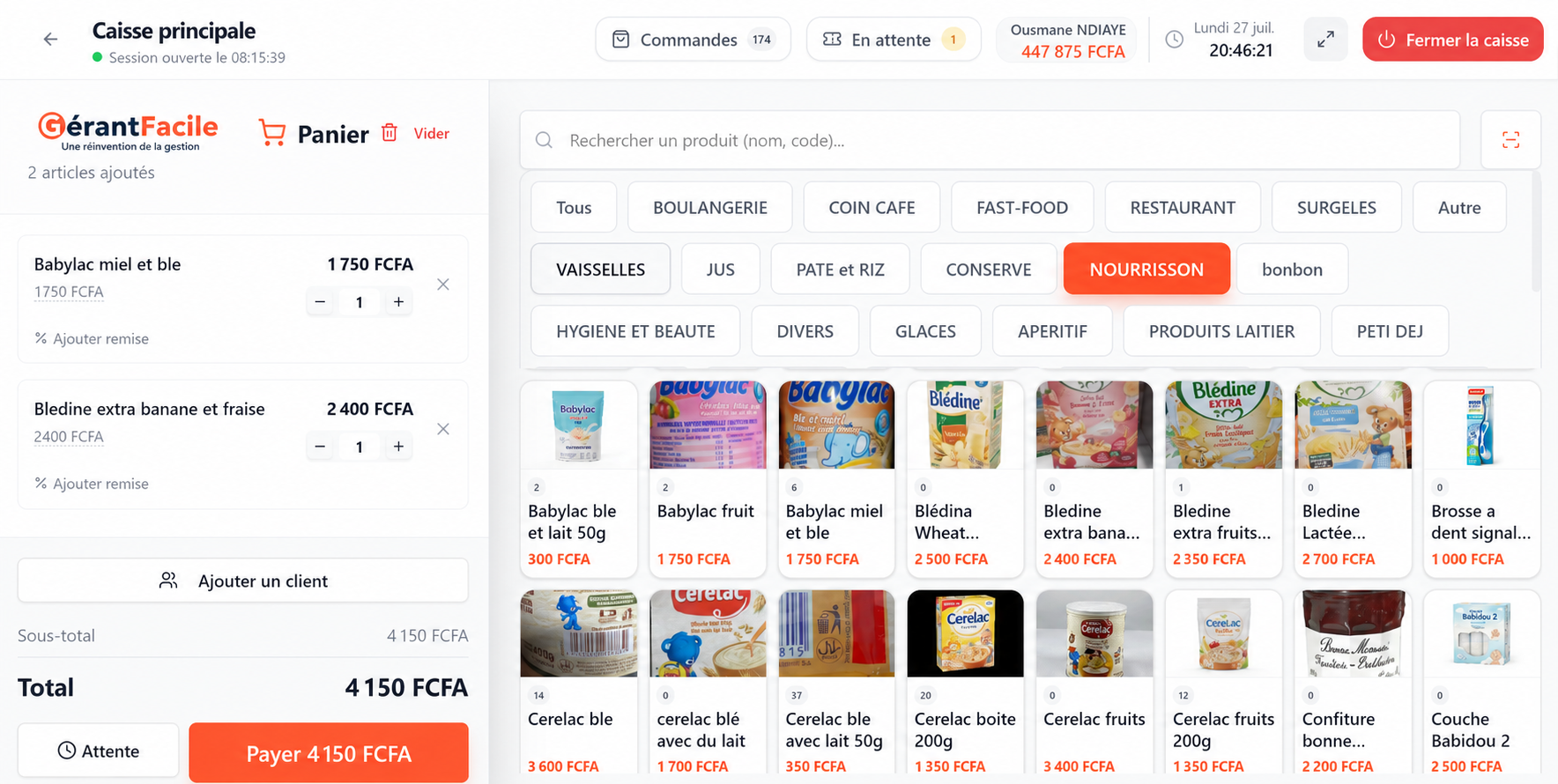 Interface Point de Vente Gérant Facile