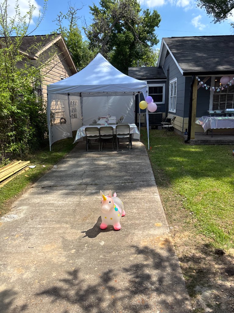 Backyard birthday — white canopy, tables & unicorn glam 🦄