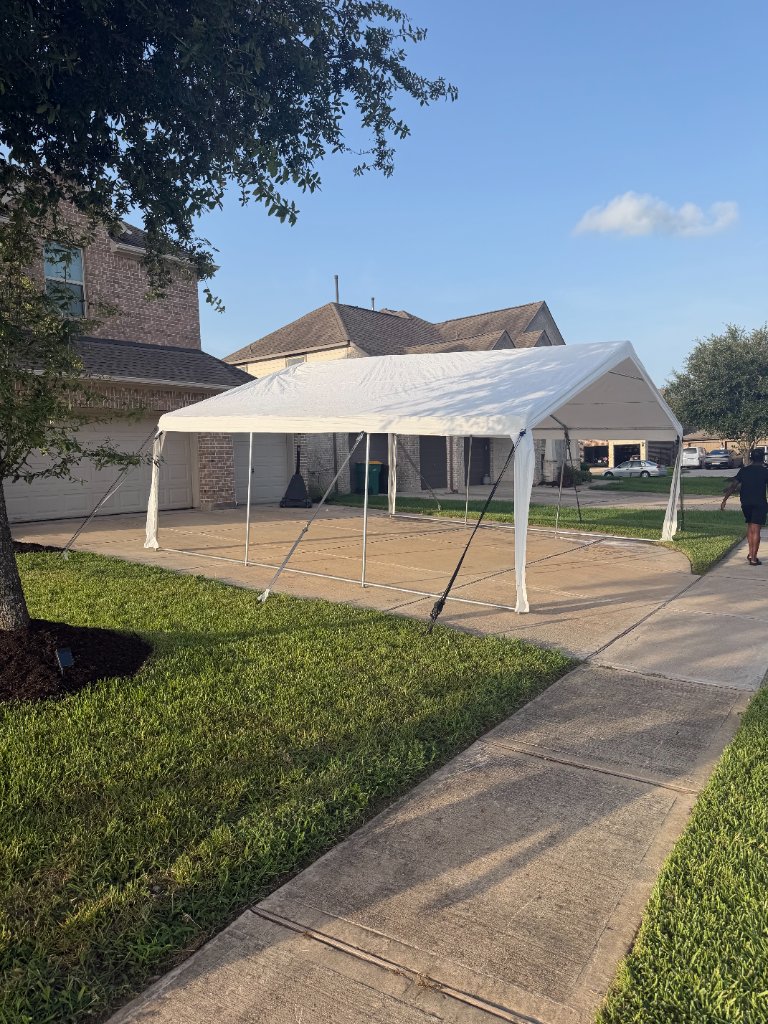 Heavy-duty peaked tent on driveway — grand & sturdy ⛺