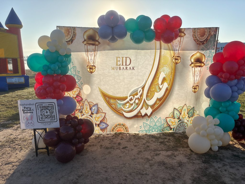 Eid Mubarak — teal, red & gold organic columns 🌙