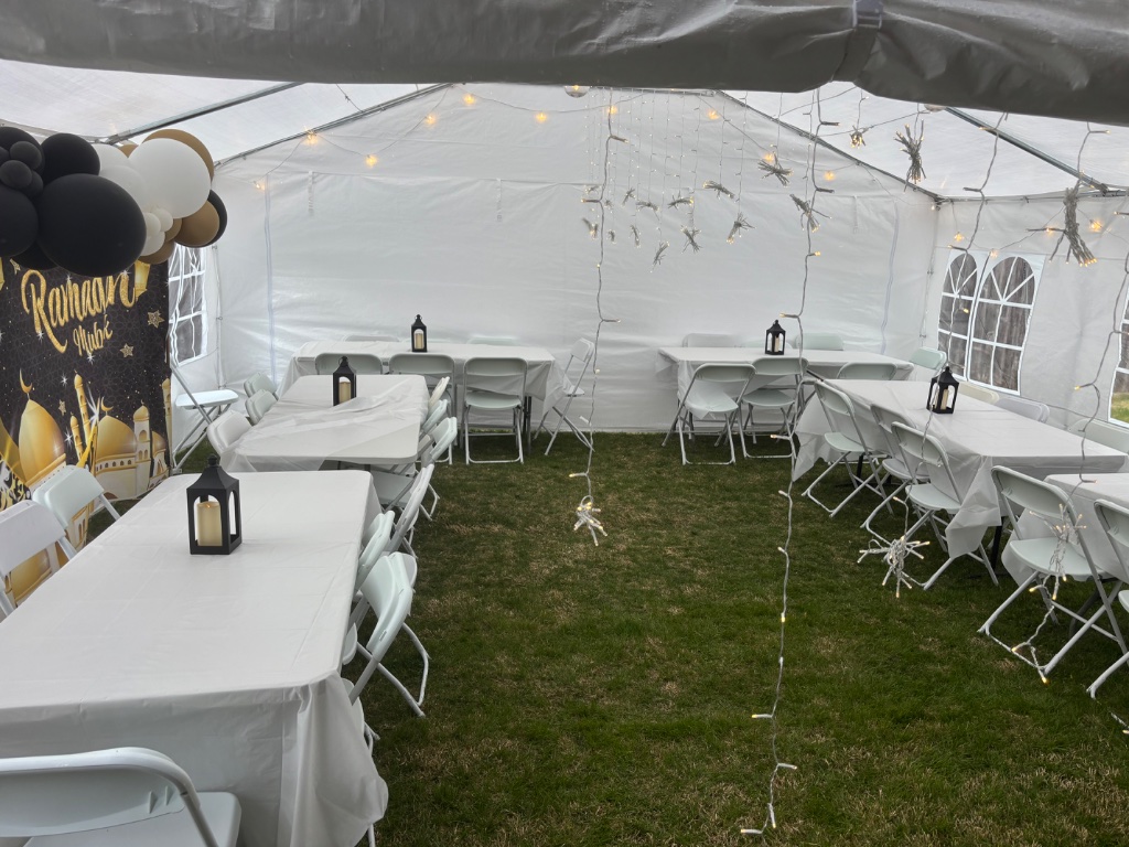 Tent with Ramadan backdrop & black gold balloon decor 🌙