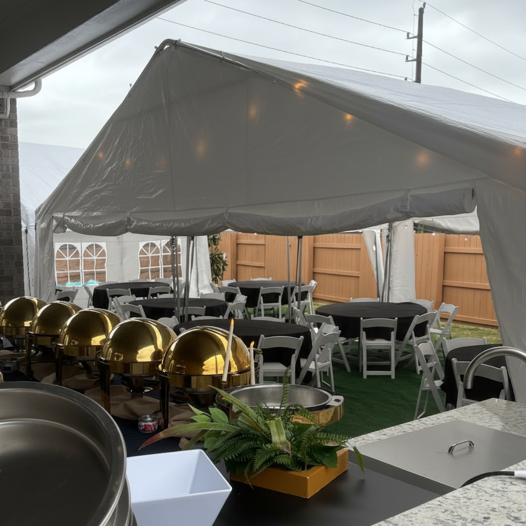 Tables, chairs, and tent setup for outdoor event rental in Katy TX