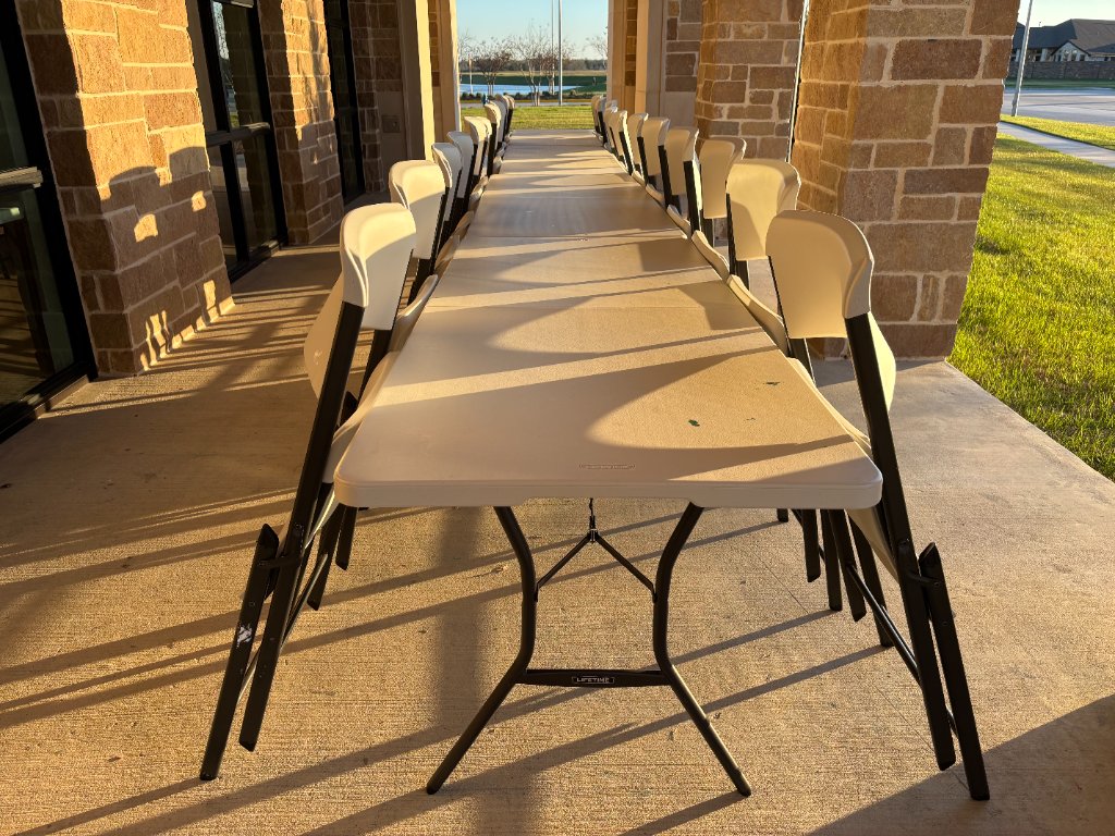 Banquet tables under covered patio — golden hour elegance 🌅