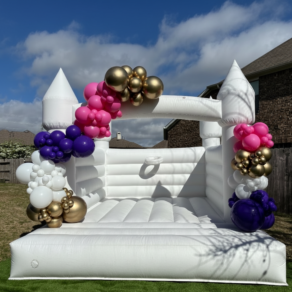 Balloon arch and garland setup for Houston backyard party rental