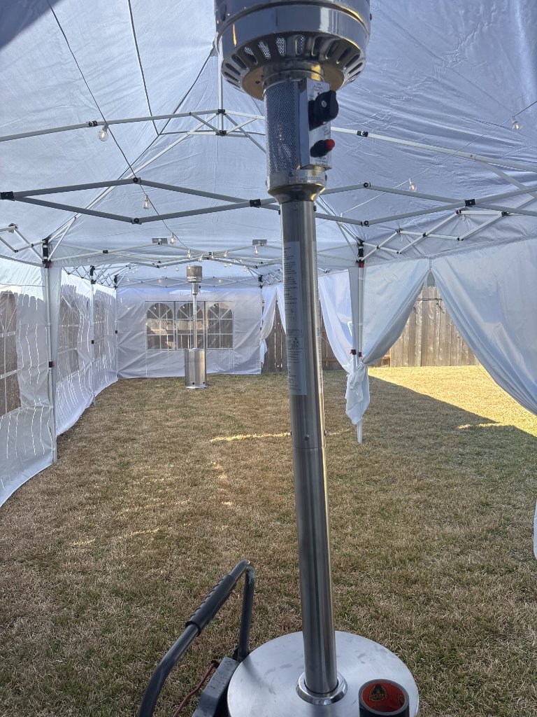 Tent with string lights, heaters & crystal-clear windows 🌟
