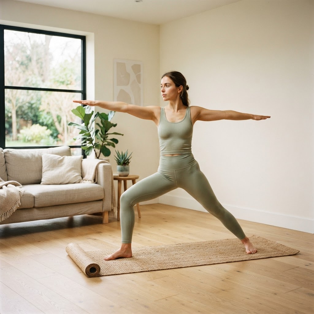 Professeur de yoga et pilates à domicile Phil's Class accompagnant une séance de yoga dans un salon lumineux